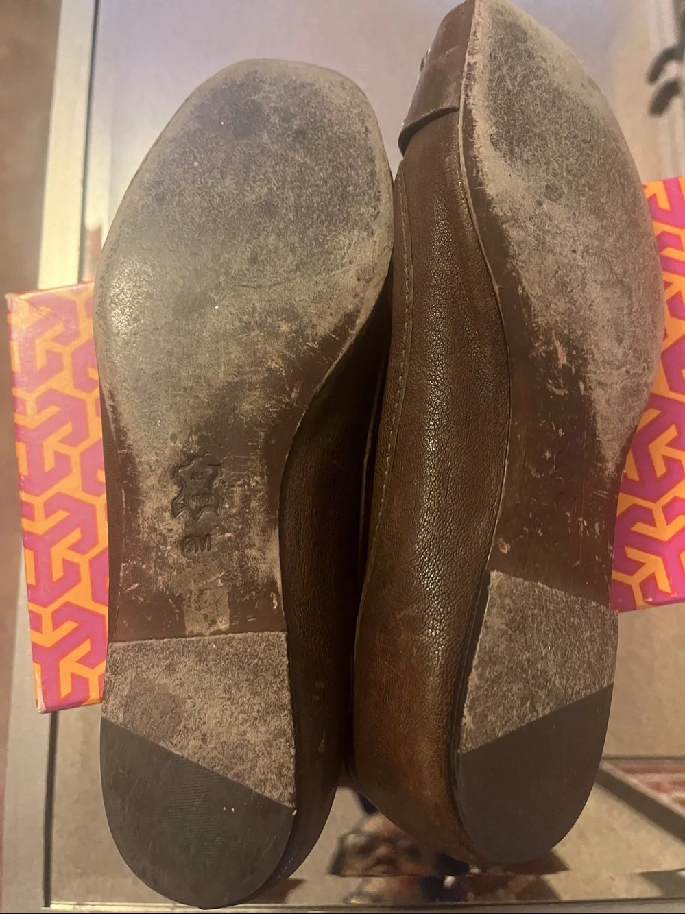 Vintage Tory Burch Brown Leather Ballet Flats with Gold Square Buckle